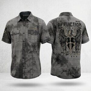 Affliction Mens 2XL Live Fast Shirt Sleeve Button‎ Shirt Polyester Gray Wings